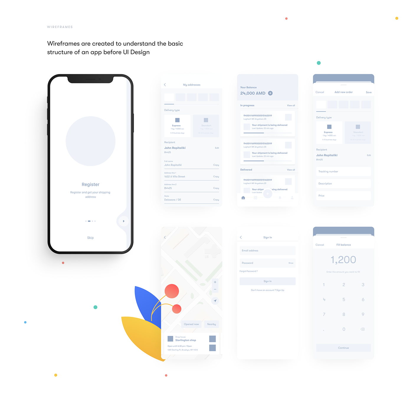 ux UI ILLUSTRATION  colors icons Mobile app wireframing flow