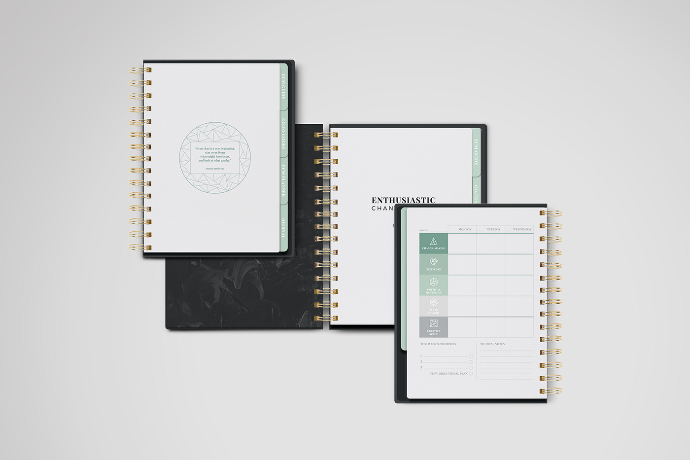 planner minimal acrylic journal green gold print book cover editorial geometric