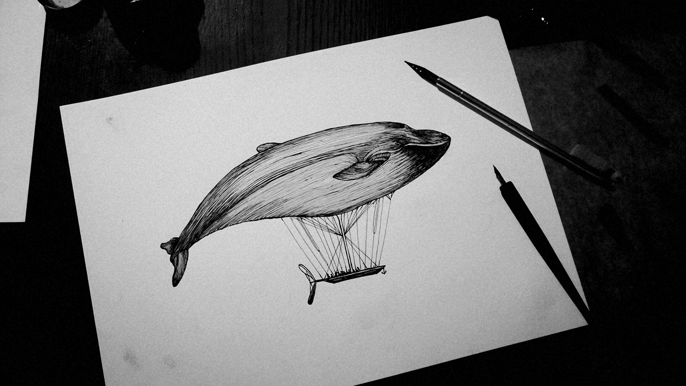 airship design engraving ILLUSTRATION  ink Whale