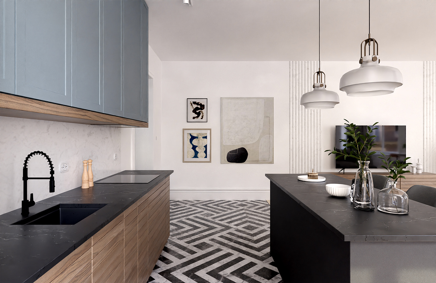 3D indoor interior design  kitchen living room Render visualization