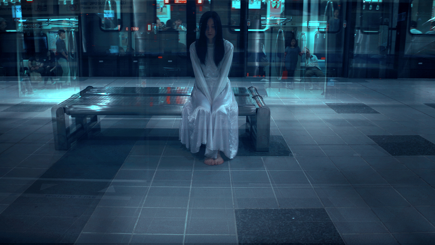 ghost woman girl double exposure Street city dark DIM bridge Two road rain sadako Umbrella