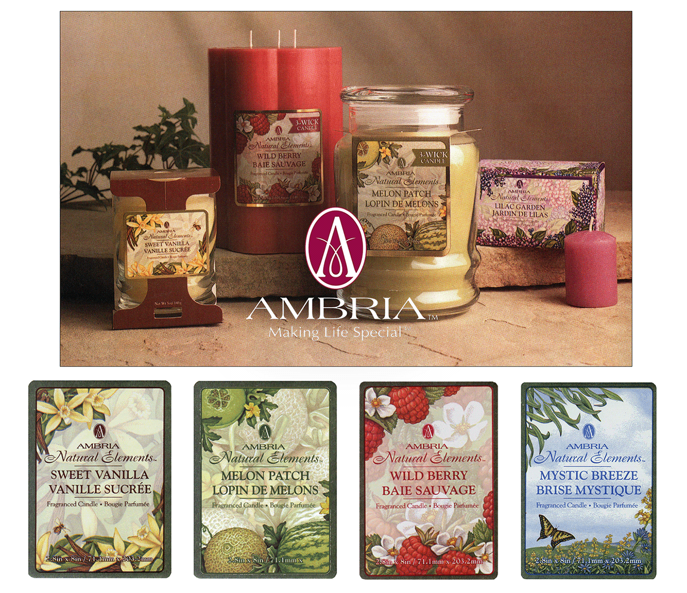 Fruit and botanical illustrations used on packaging for Ambria candles.