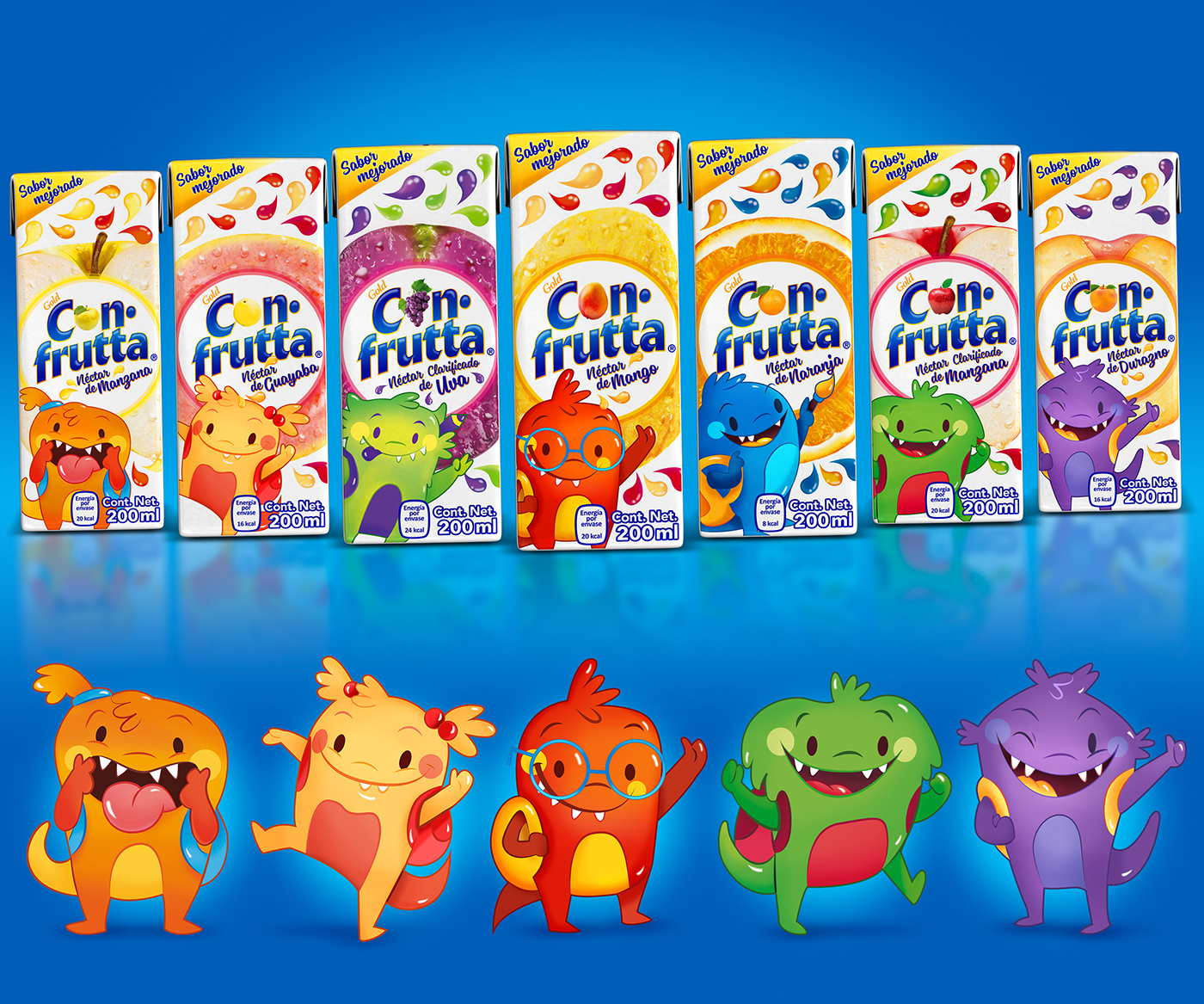 Packaging juice caracters monster Fruit puntosiete branding  ILLUSTRATION 