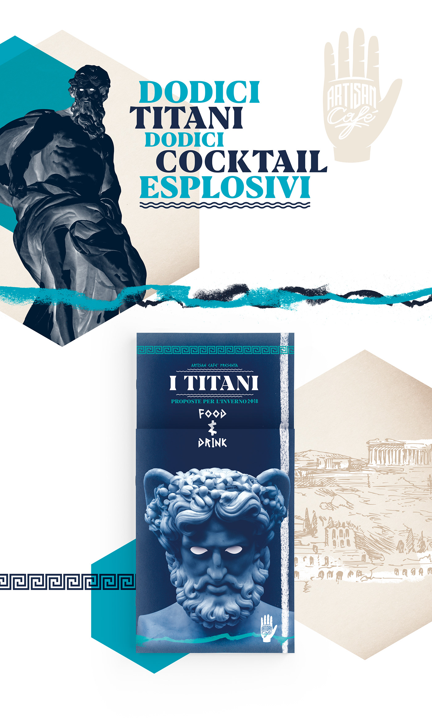 menu cafe mythology titans Greece graphic copywriting  graphic design  art direction  cocktail