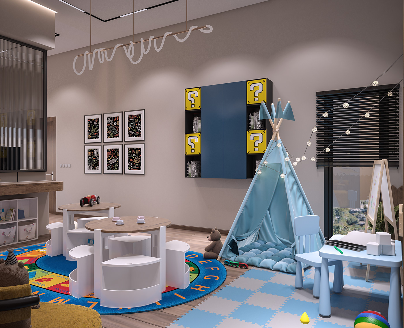 3dsmax beige children interior design  kid's area livingroom playroom play