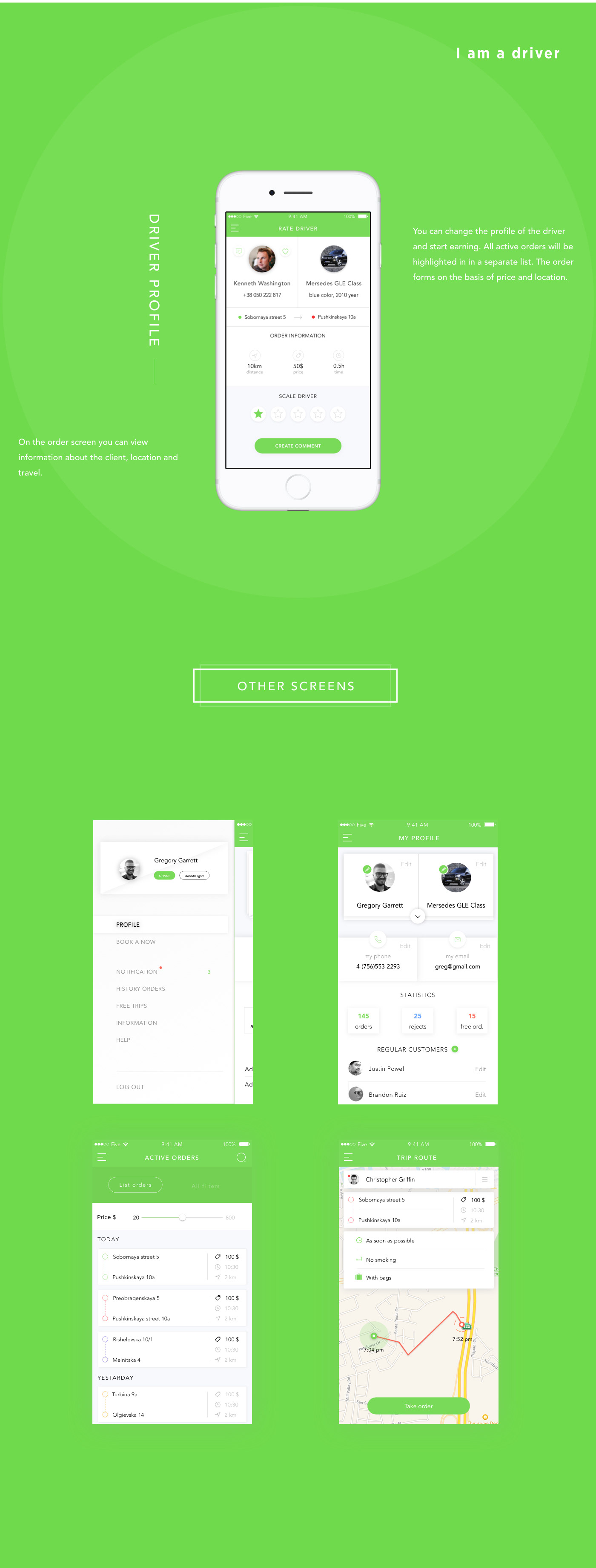 iphone app ios design app app design mobile design Clean Design UI ux driver profile passenger user experience green iOS design app