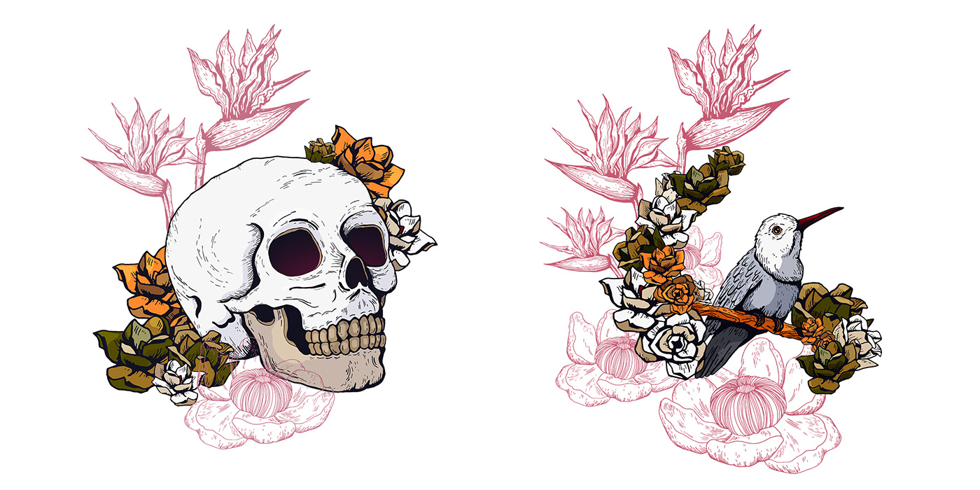 skull bird flower ILLUSTRATION  ink tattoo dark patern loriniart bone