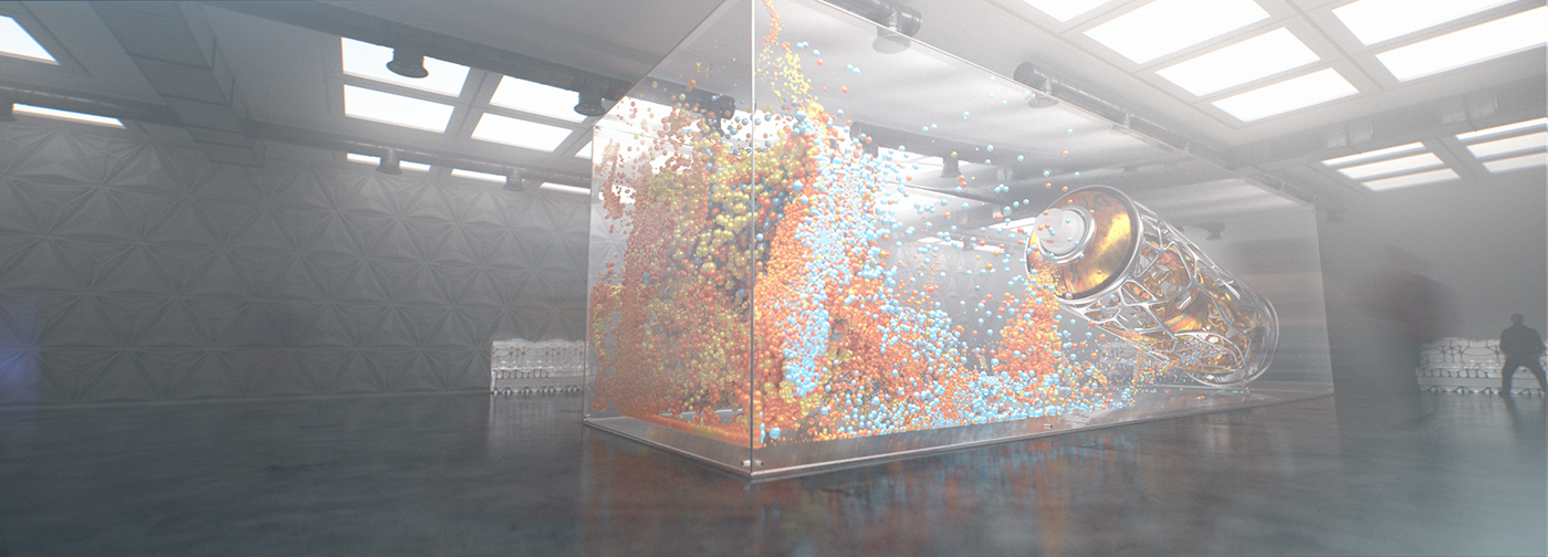 spray can Graffiti simulation x-particles redshift installation flood Exhibition  easel
