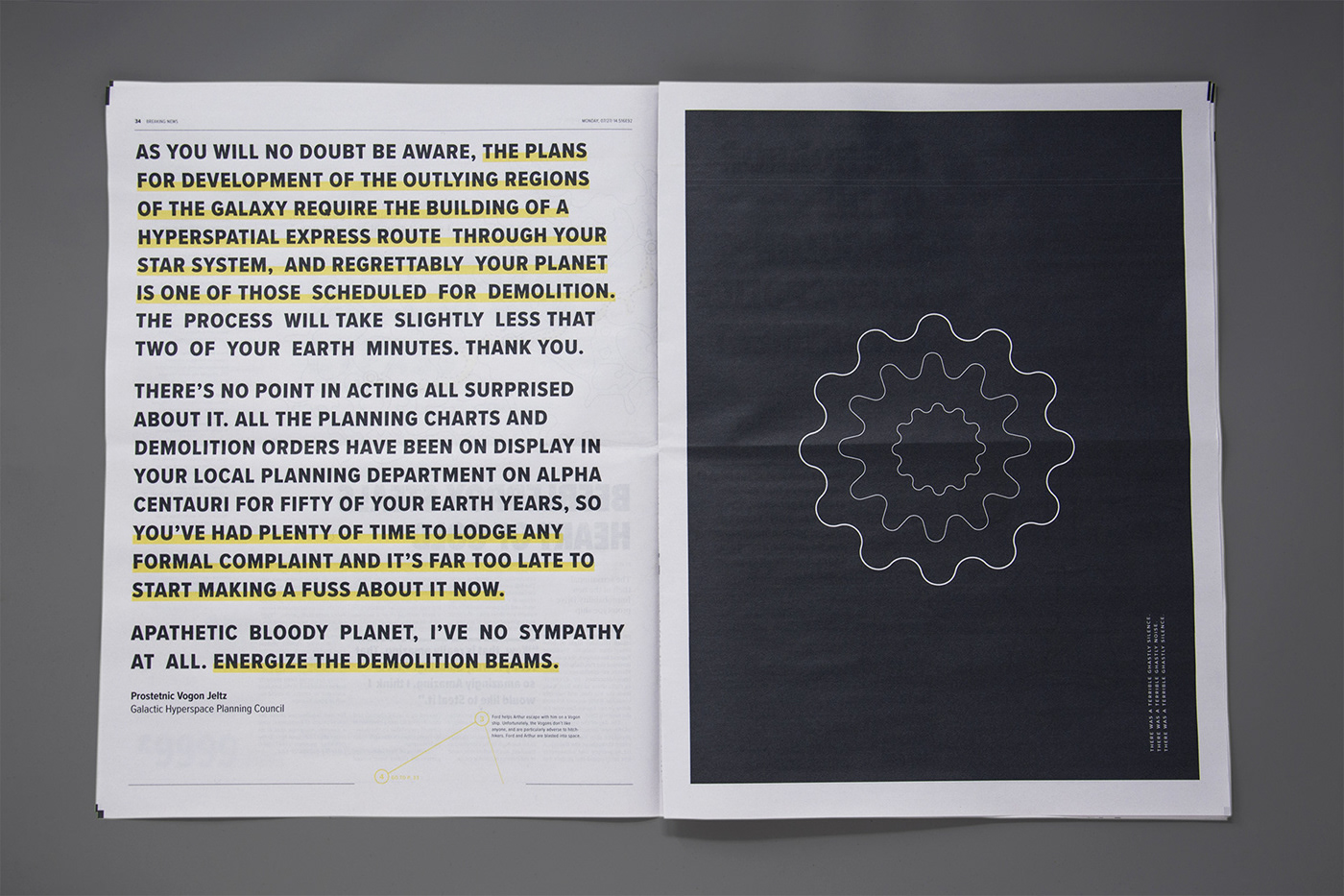 newspaper science publication mold The Hitchhiker's Guide Douglas Adams typography   adobeawards