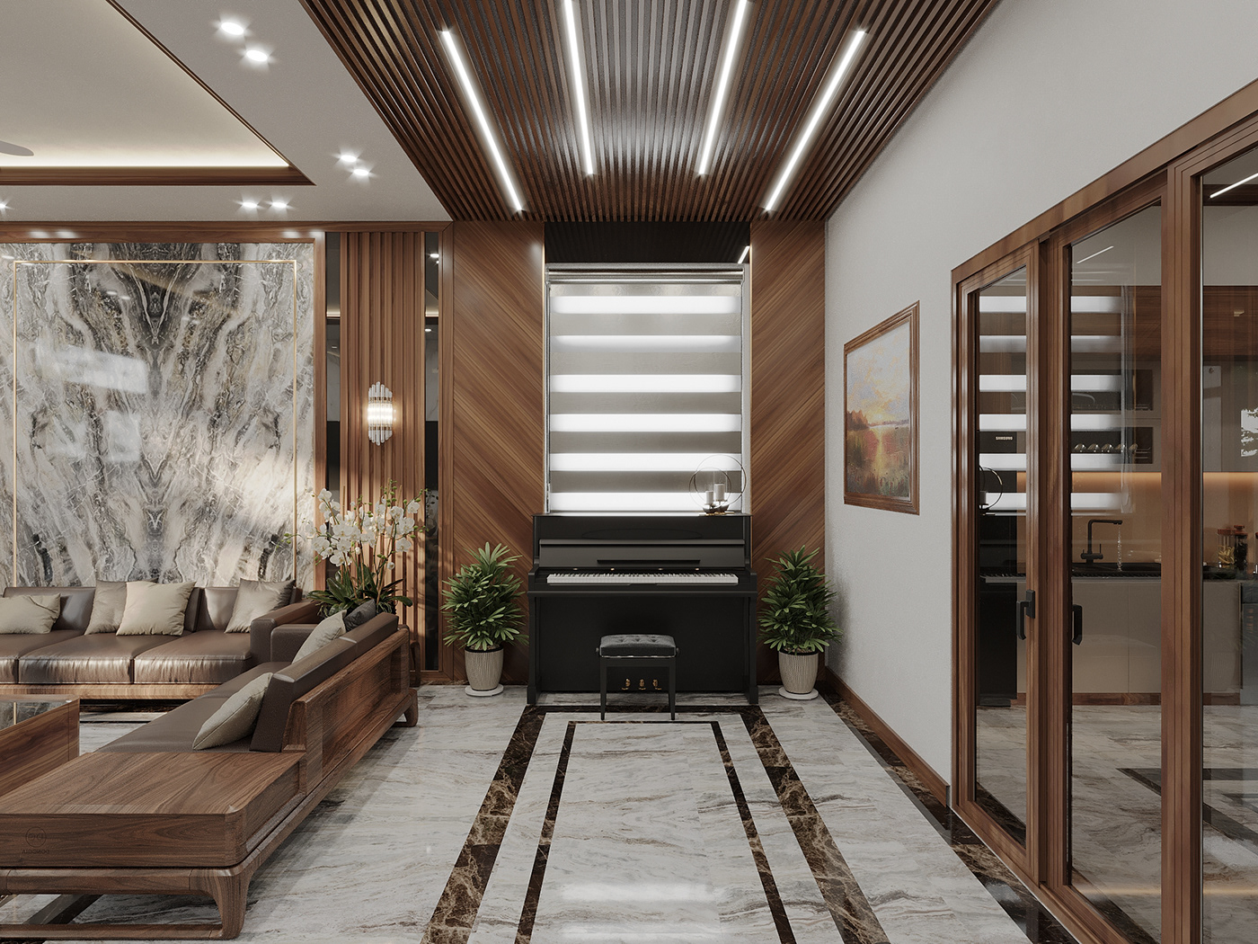 architecture interior design  3ds max Render biet thu go oc cho phòng khách