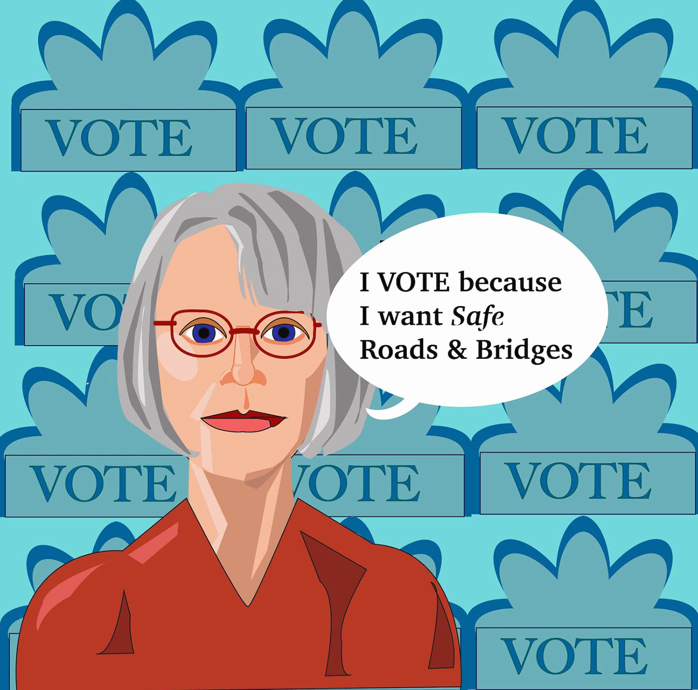 A woman is shown in front of a vote background with a text bubble.