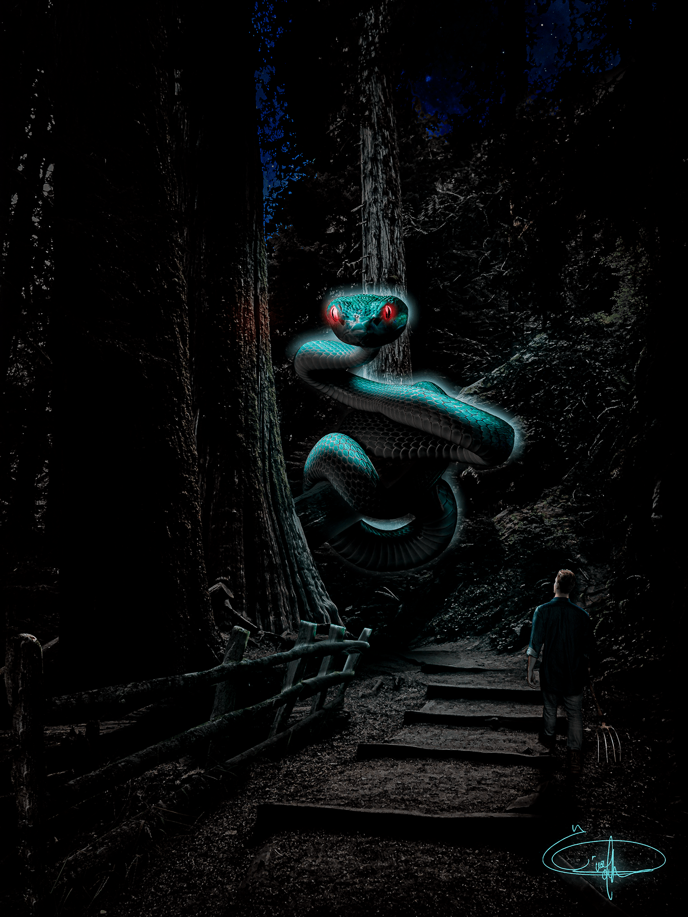 caçador cobra florest floresta monster monstro night noite snake wood concept art arte conceitual