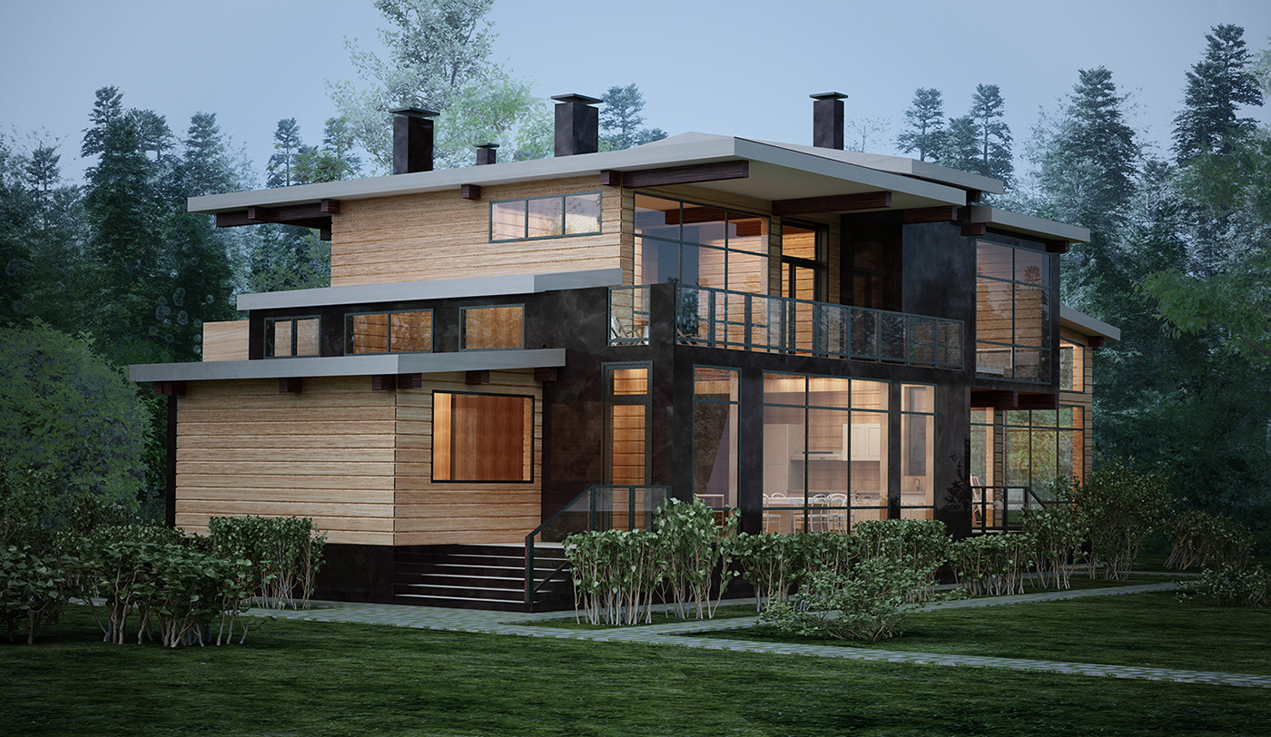frame house Cottage Villa wood exterior visualisation facades Granite free