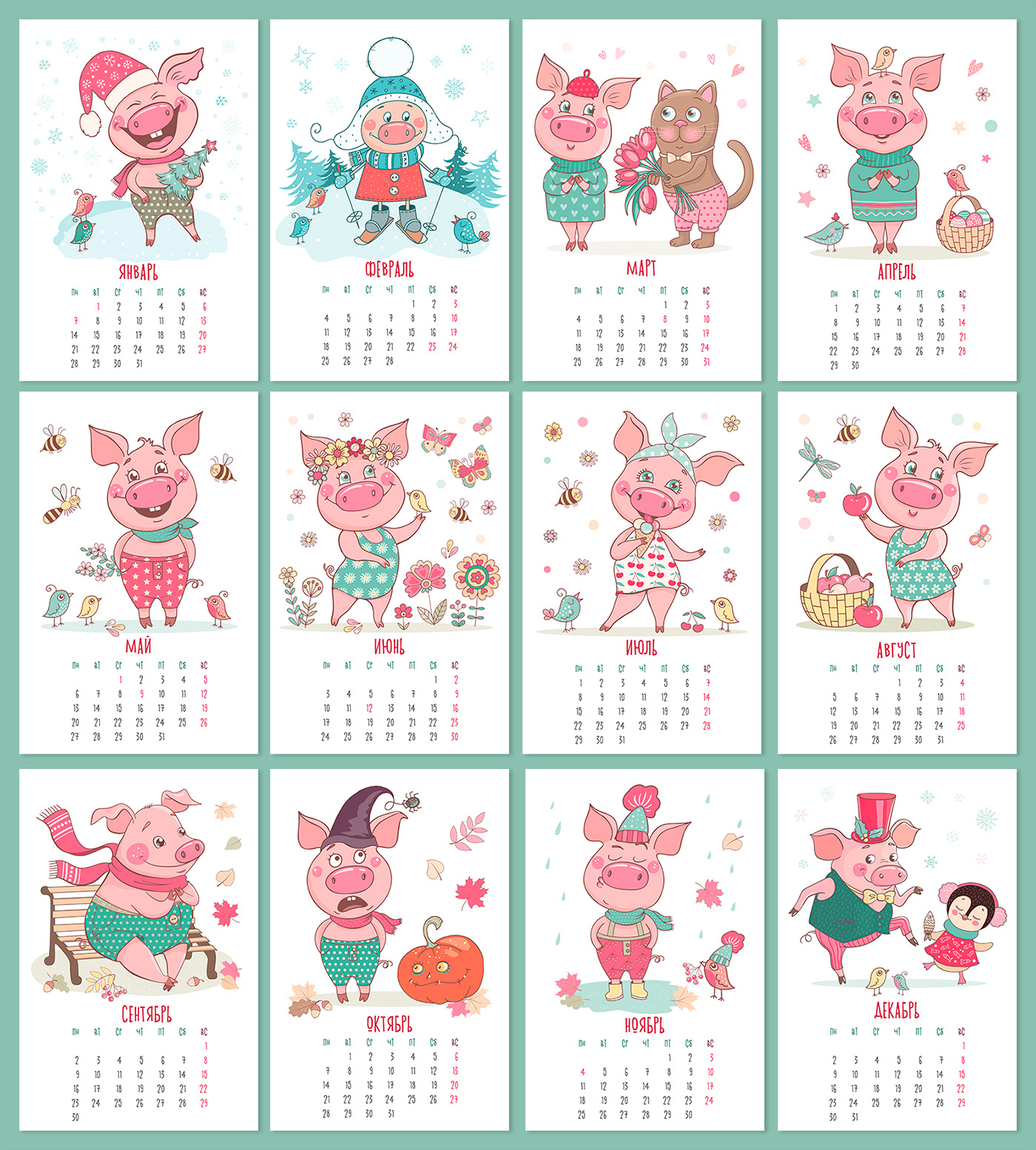 animal calendar cartoon Character cute funny ILLUSTRATION  new year pig vector