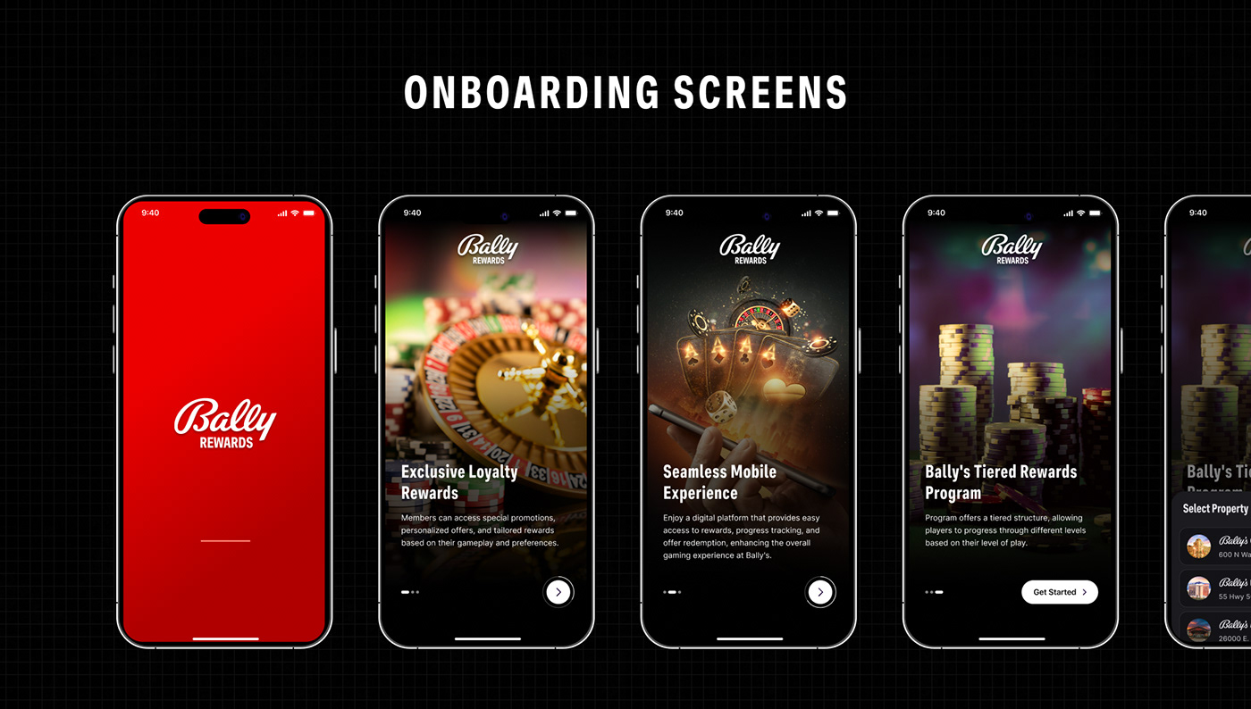 bally rewards casino Gaming hotel interactive ui design ux Mobile app dark