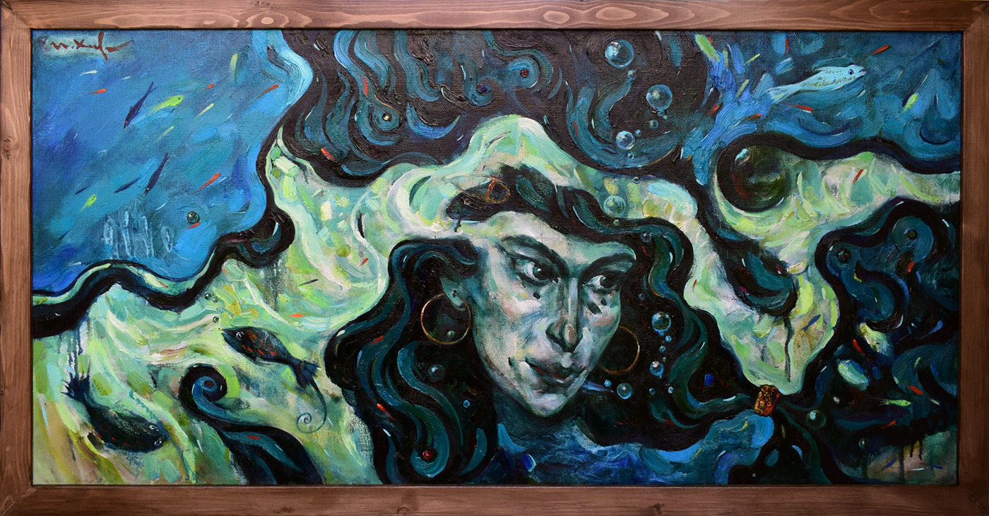 blue green nereida nymph oil on canvas Original Art painting   sea water