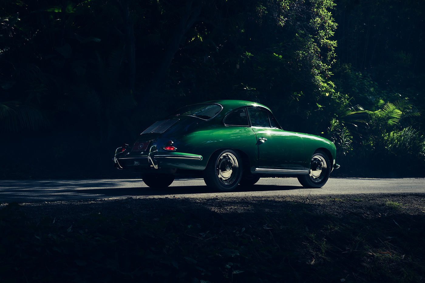 Porsche green forest Moody shadow Automotive Photography dark color Outdoor location