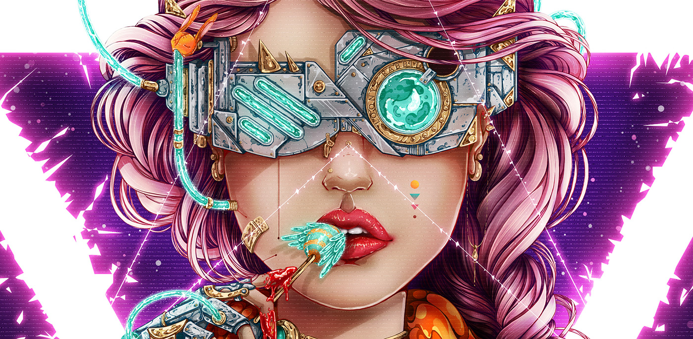Cybergirl Cyberpunk detal girl ilustracja Retro