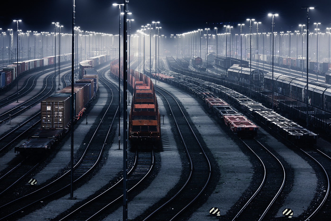 industry foggy night railway freight traffic container terminal industrial landscape hamburg Photography  harbour