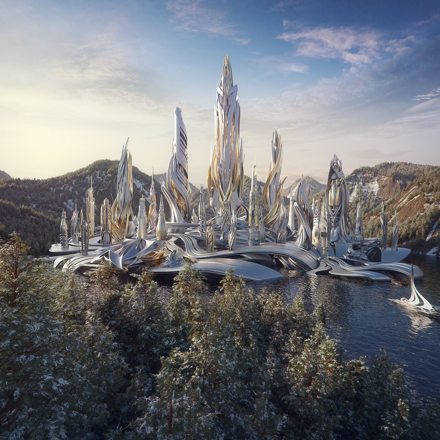 dream Scifi science fiction buildings city forest lake futuristic boat 3D