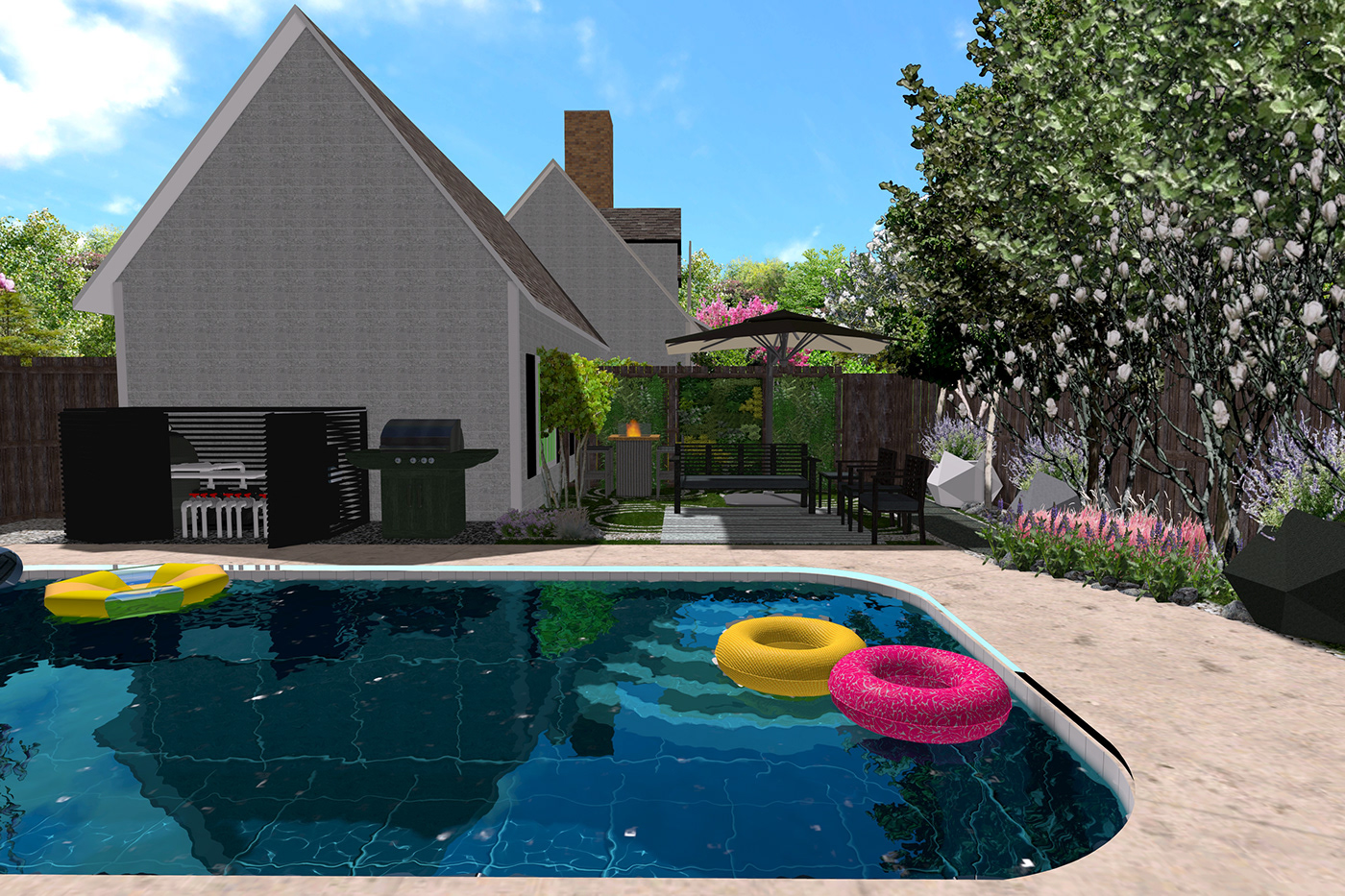 Pool outdoorseating outdoordesign exteriordesign contemporarylandscape spalounge zengarden