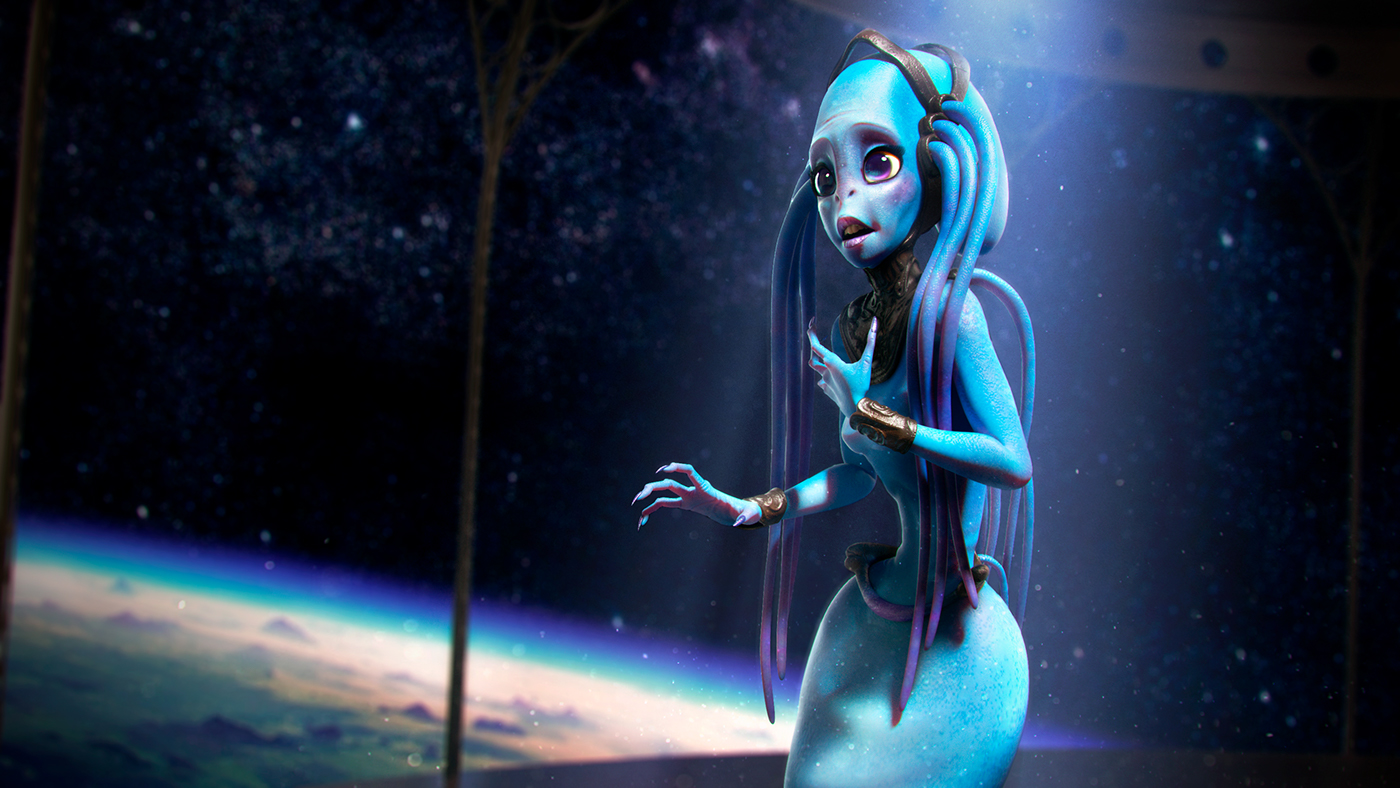 Character alien 3D cartoon sci-fi blue Space  galaxy