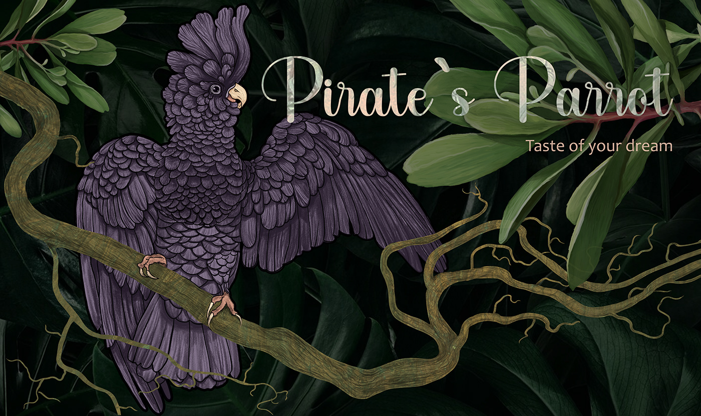ILLUSTRATION  pirates parrot Drawing  Tropical plants green drink beer packaging design