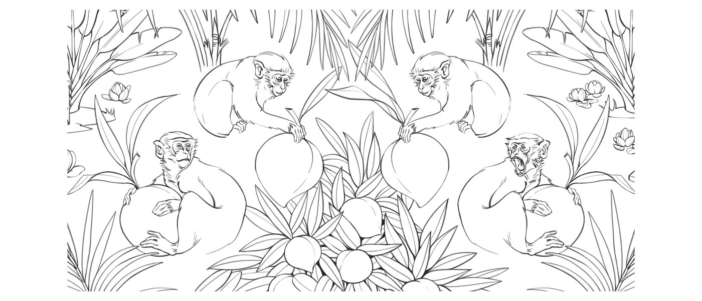 monkeys chinese peaches sun waking garden pattern design  seamless pattern chinese animal drawing botanical