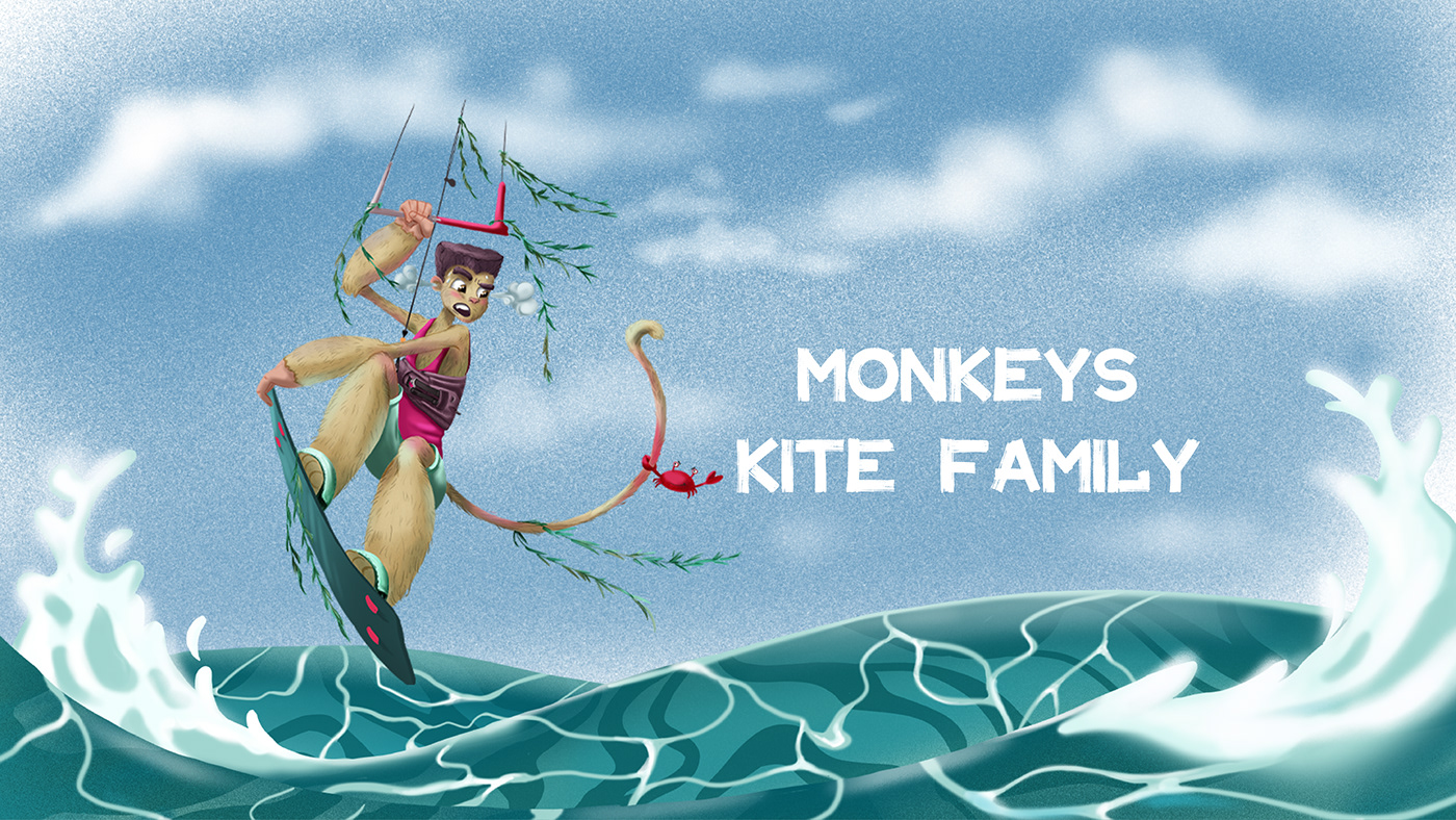 Brand Design Character design  Digital Art  digital illustration ILLUSTRATION  Kitesurfing monkey stickers water sport Character