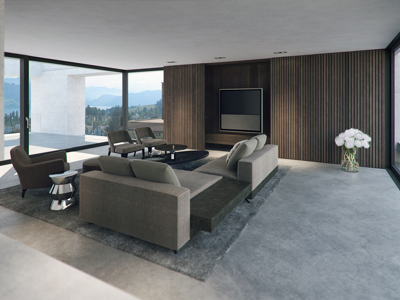 CG Render furniture Minotti luxury house Interior grey brown tv wood