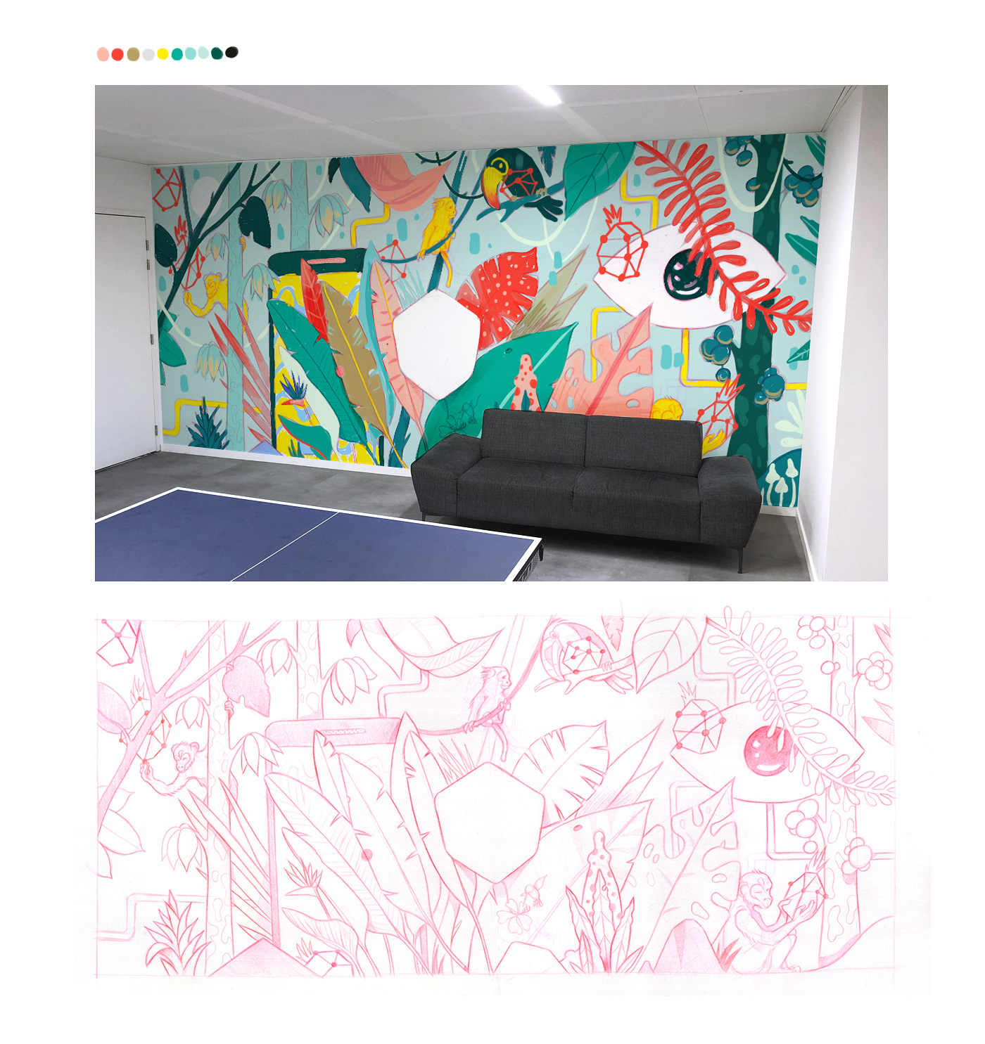 wall wall design Startup jungle ILLUSTRATION  Illustrator monkey Brazil Mural Muralist