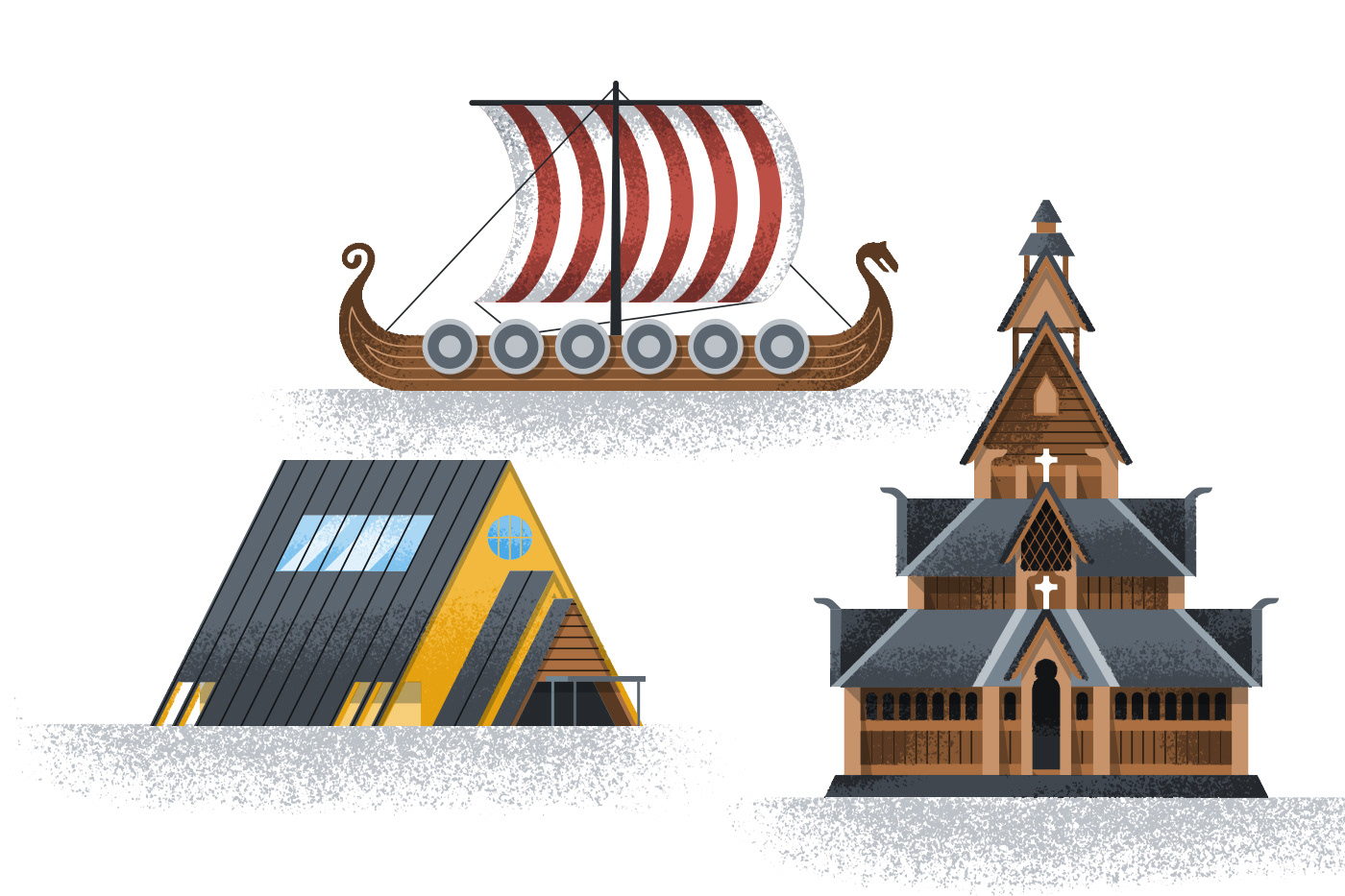 Illustrated icons of a viking ship, stave church and the polar museum of Oslo by Adrian Bauer