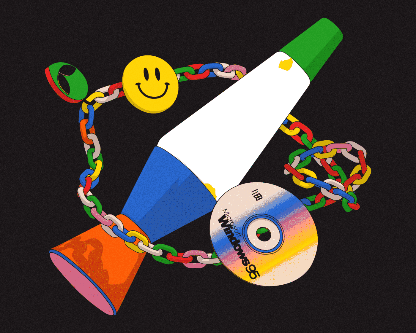 Lavalamp 90's illustration and motion graphic animation cd smiley face and chains in bright colors.