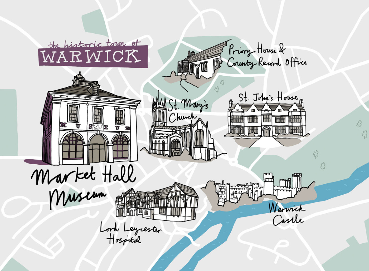 historic map illustrated map merchandise museum map tea towel map tote bag map Warwick Warwick Castle warwick map warwickshire
