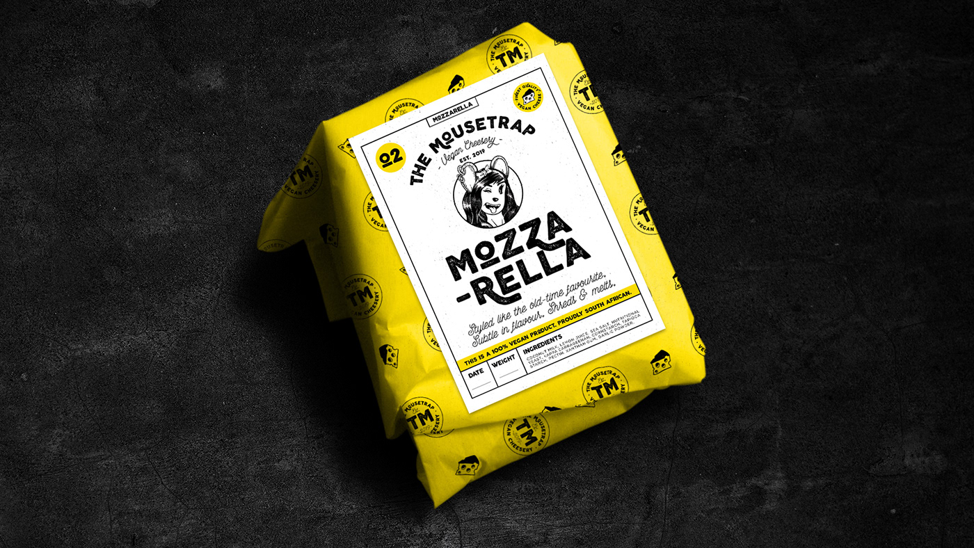 Mozzarella cheese label design for the Mousetrap Vegan Cheesery