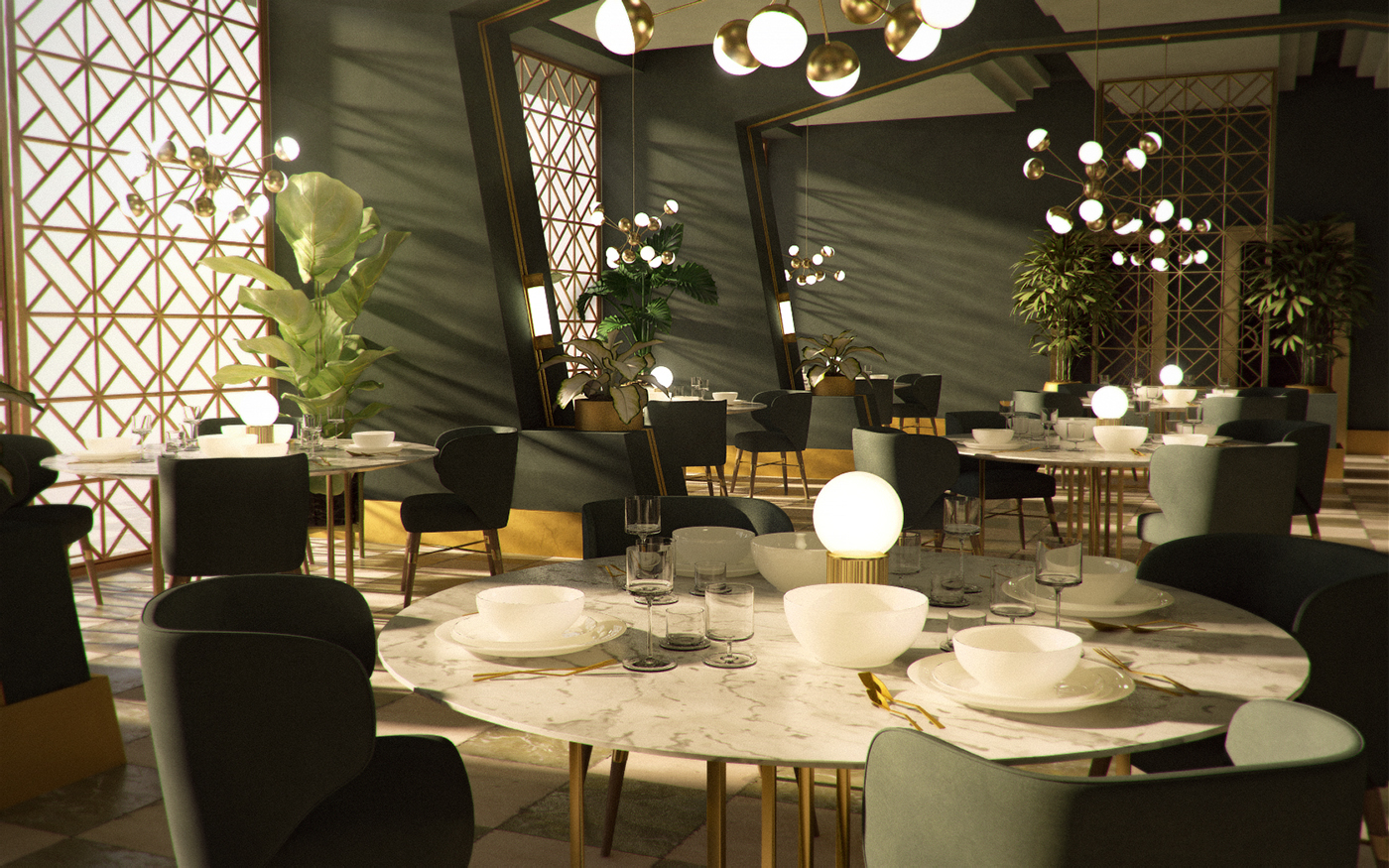 restaurant interior design  art deco Interior Art Deco style Tropical Restaurant Identity Tropical Restaurant luxury restaurant pangolin