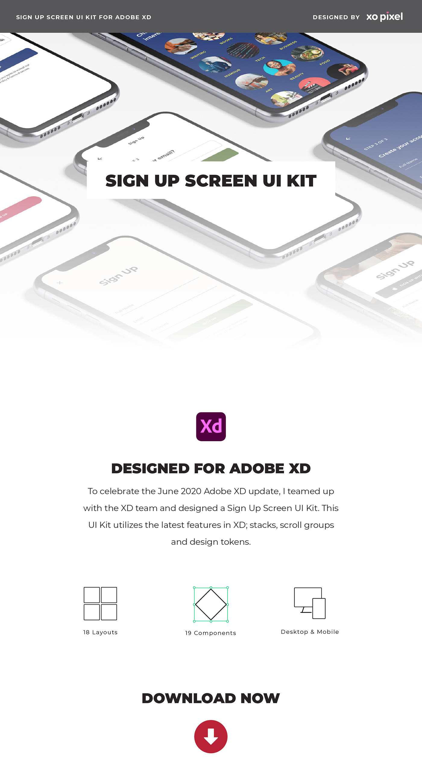 Adobe XD code download free scroll sign up sign up screen stack ui kit xopixel