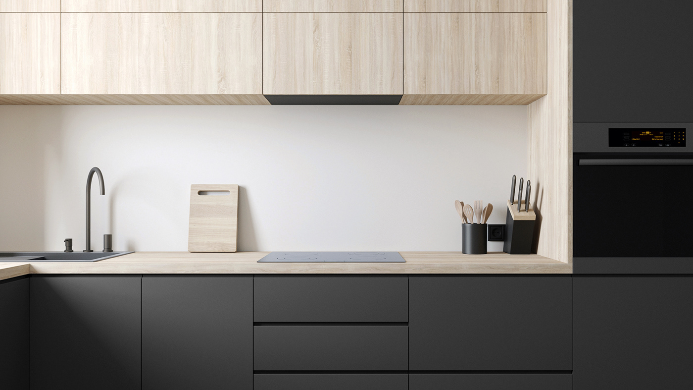 apartment dark interior design  kitchen kitchen design Minimalism modern interior Tree  visualization White