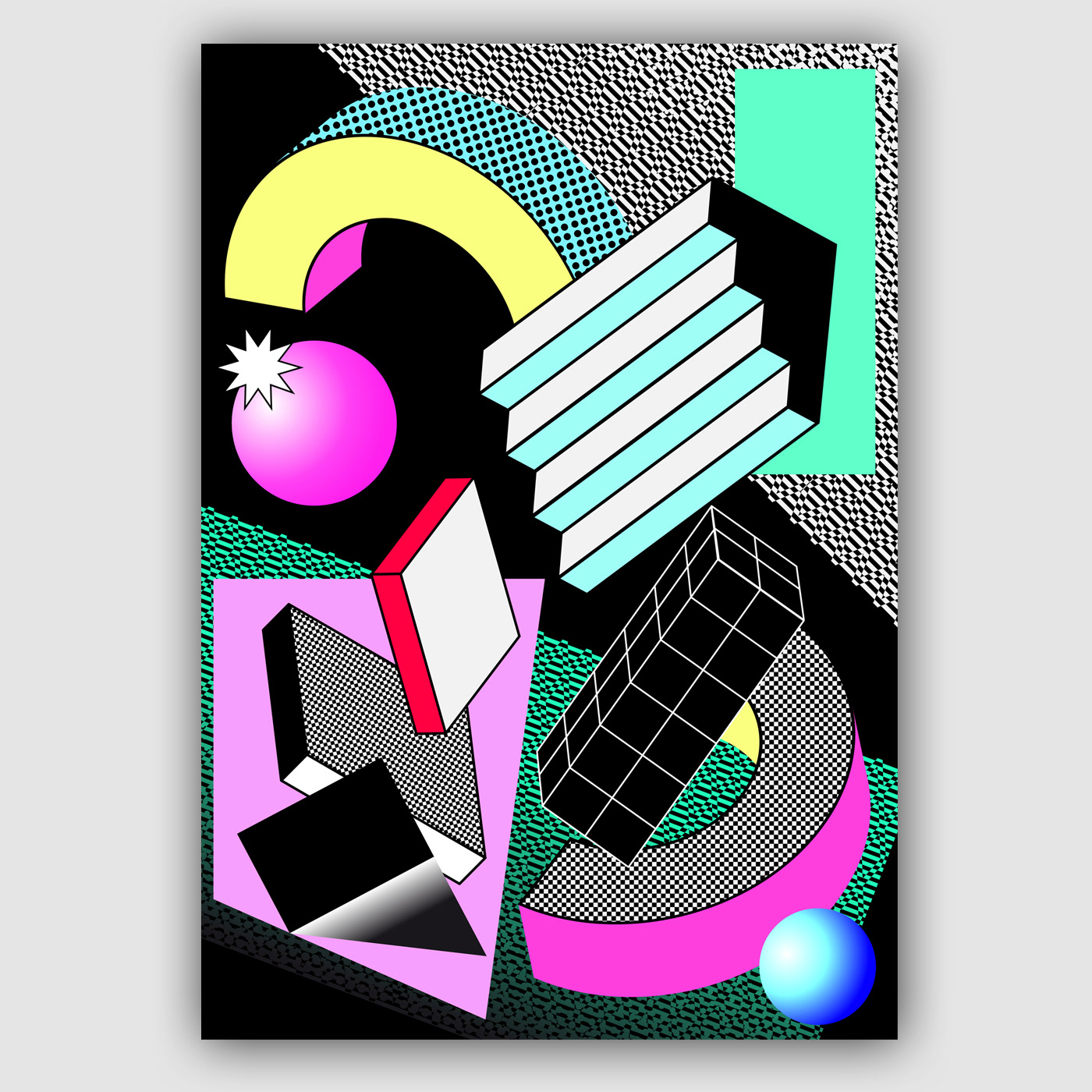 Posters and visuals based on graphic shapes and saturated colors