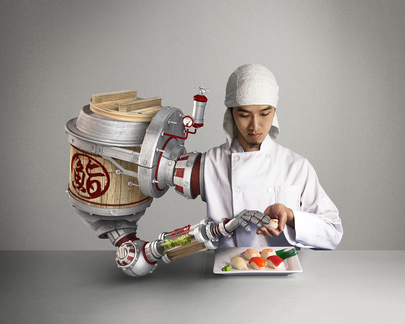 robot metal Food  3D Render concept Sushi chef arm Rice