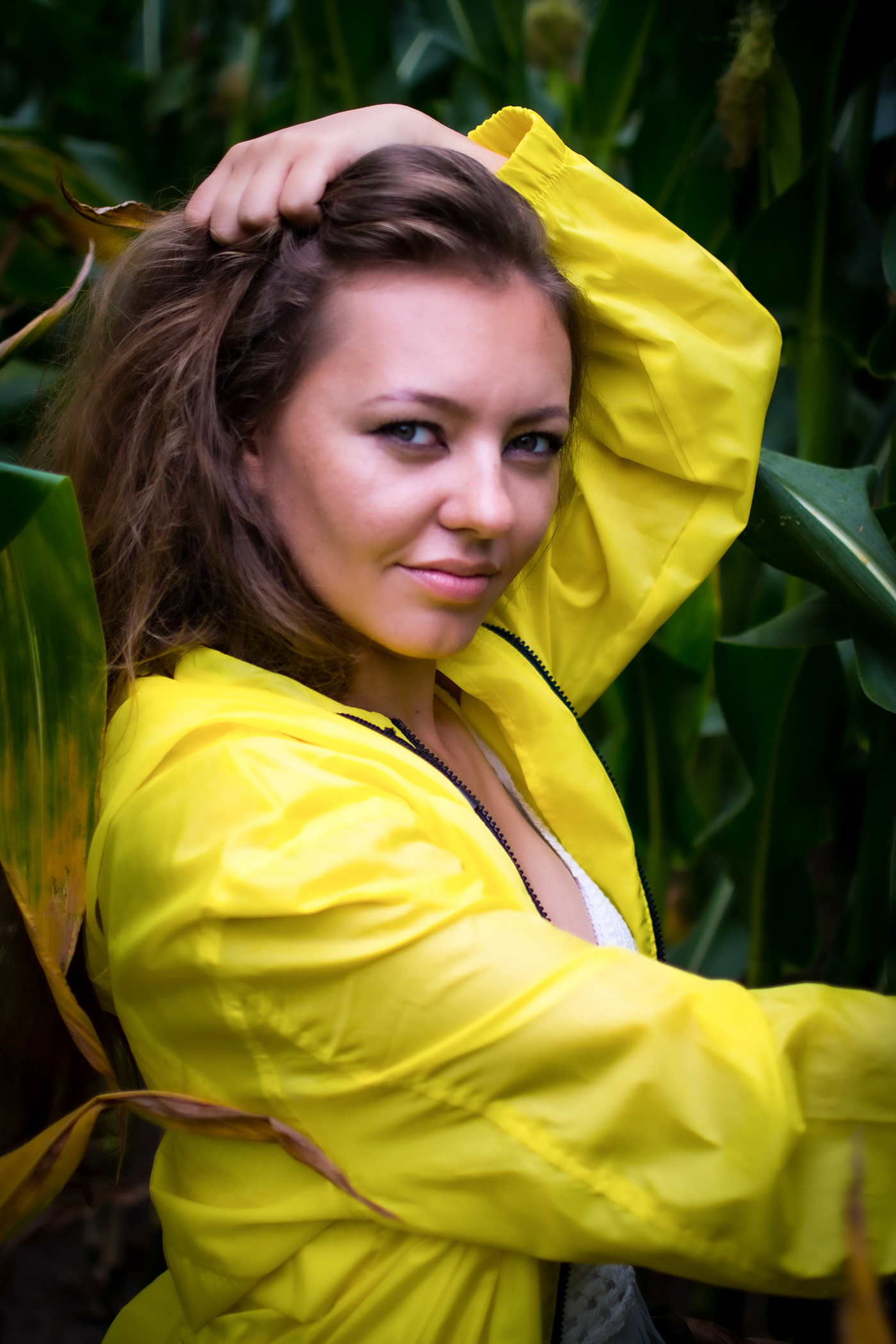 #Portrait #girl #yellow #jacket #Corn