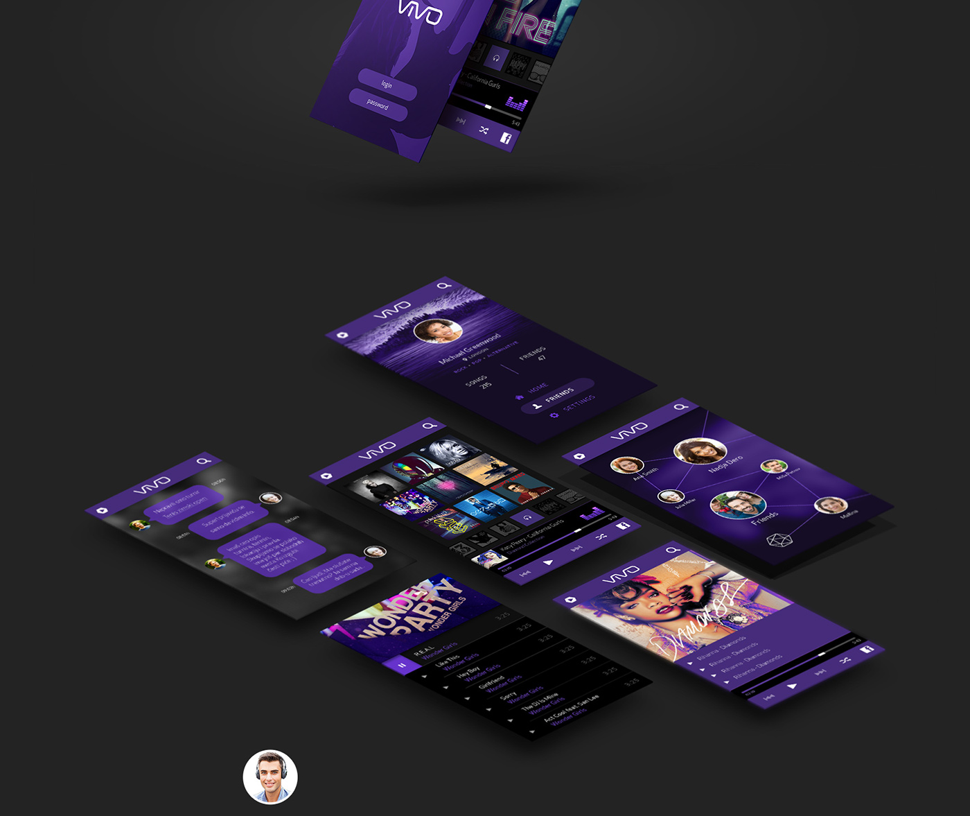 social network mobile tablet app Interface violet flat dark