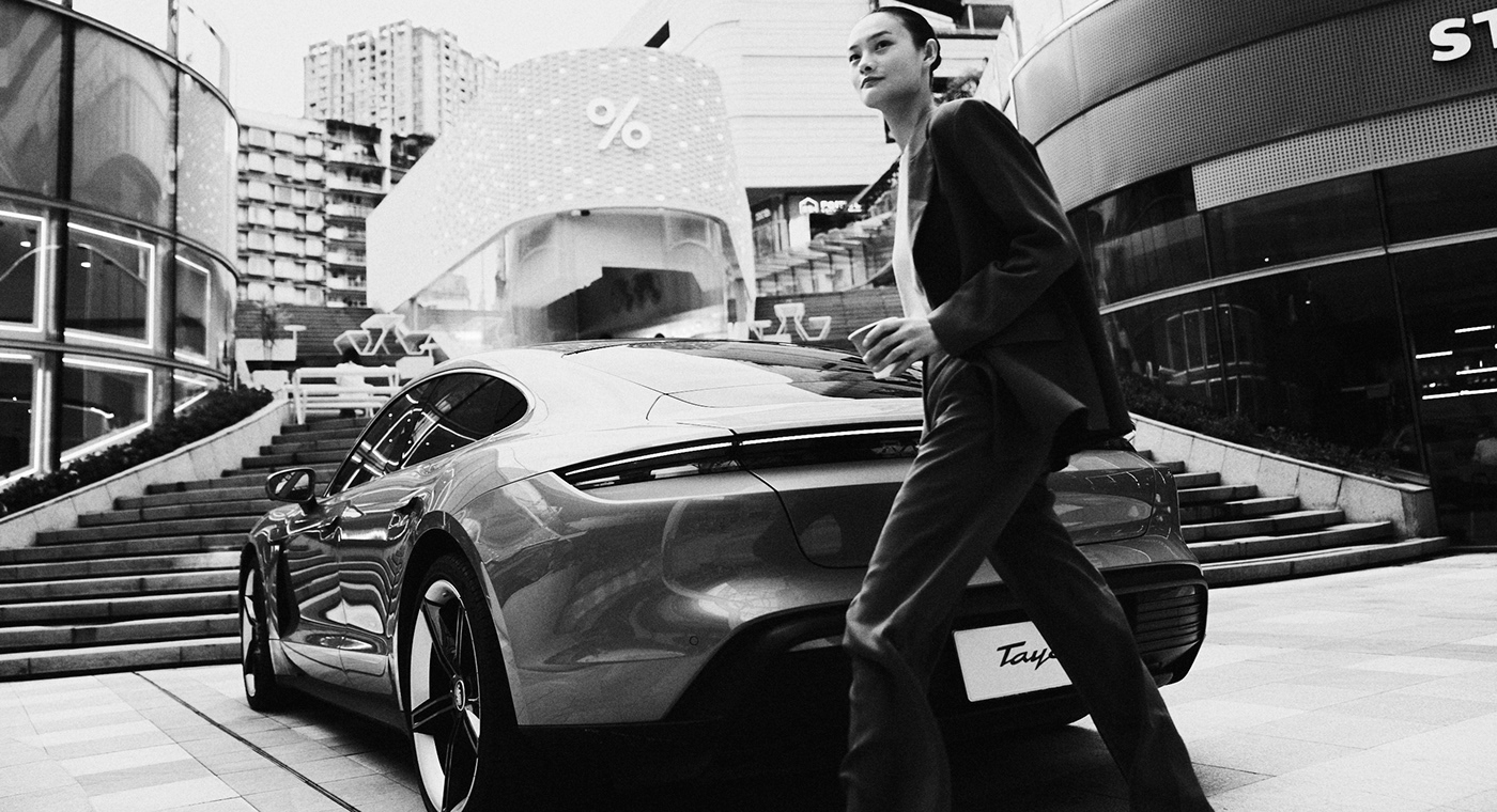 bazaar Porsche automotive   Taycan car night city Photography  chongqing lifestyle
