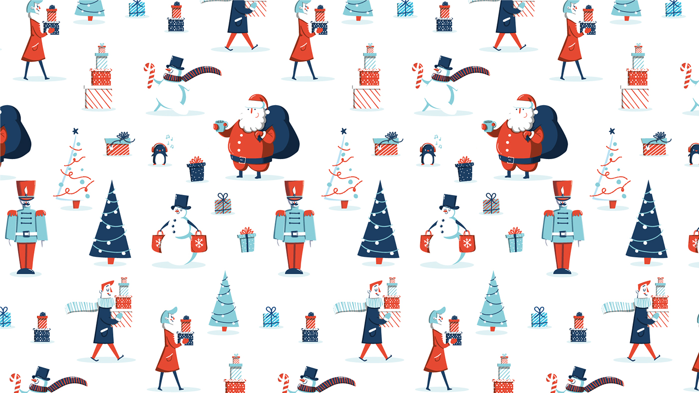 pattern Christmas Holiday snow winter santa elves gift Wrapping paper ILLUSTRATION 