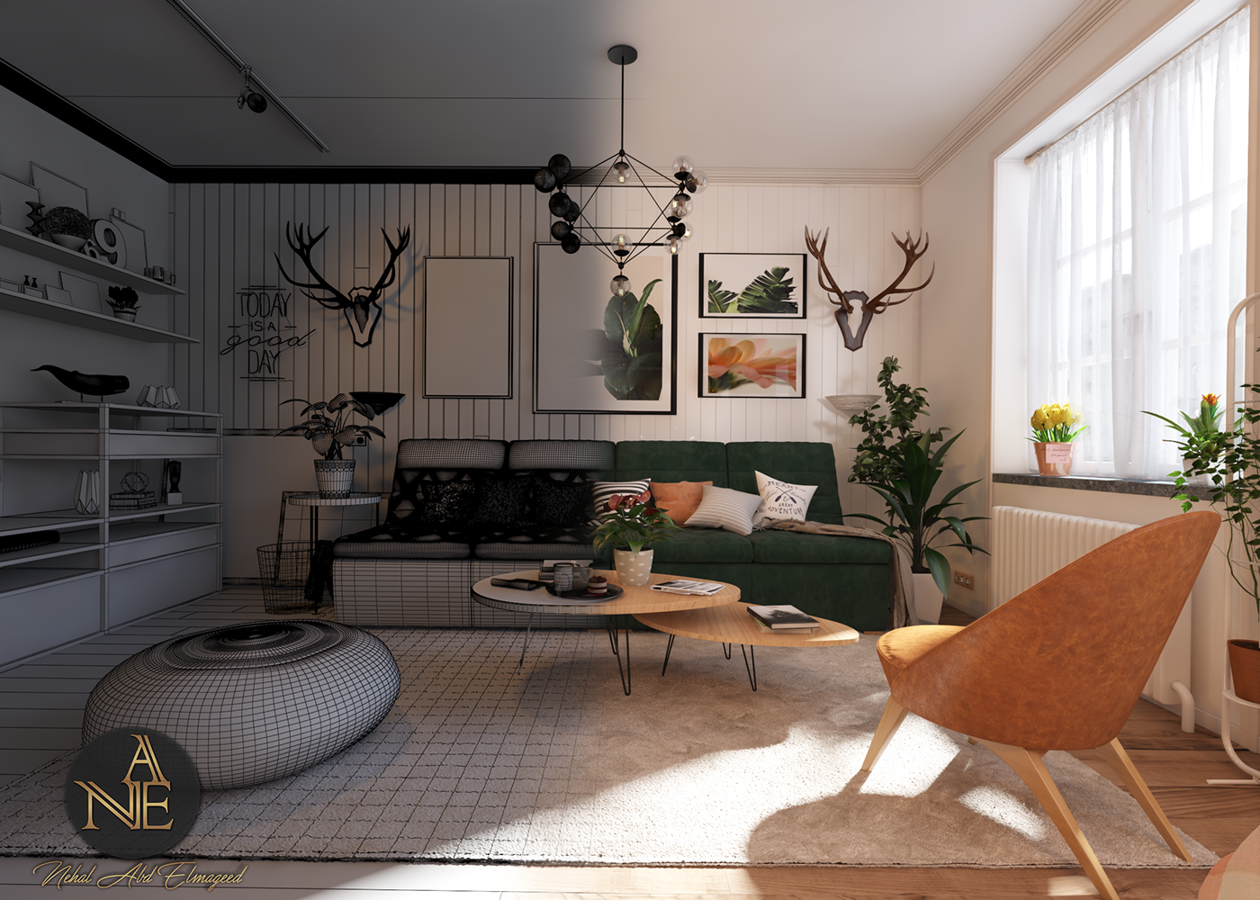 cozy comfortable Scandinavian interior design  deer furniture Plant living kitchen fireplace