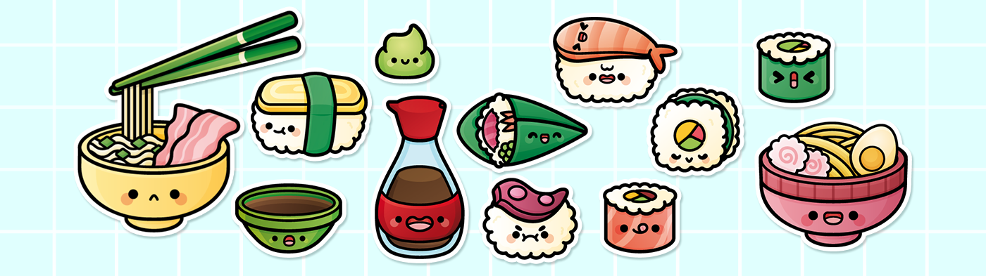Cute and kawaii stickers about Japanese food.