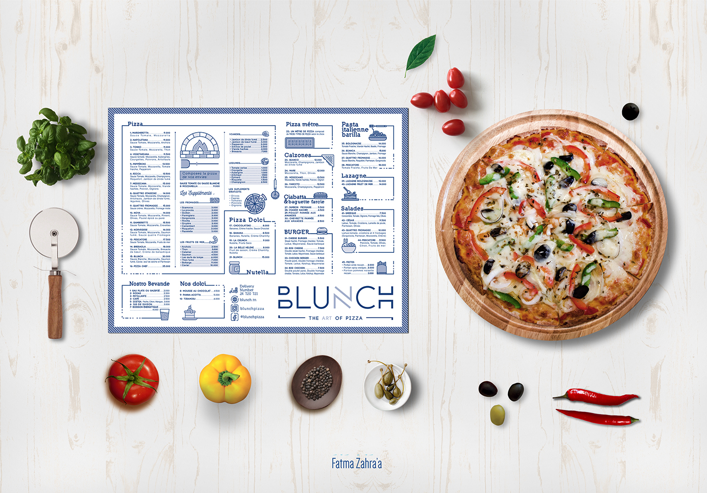 branding  Pizza Packaging tunisia Sfax menu visual identity logo blue Food 