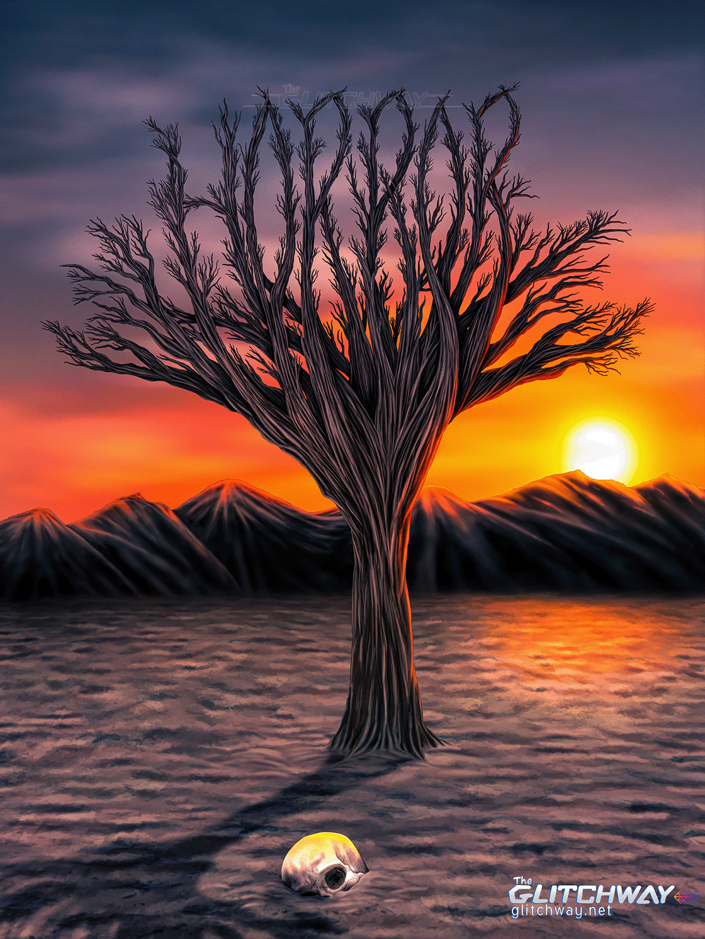 dead tree desert digital artist digital painting ditial art horror ILLUSTRATION  skull sunset The Glitchway