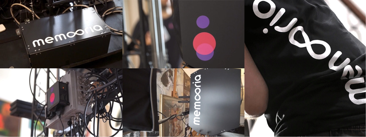 Collage of pictures of the memooria logo applied to technical equipment for art monitoring