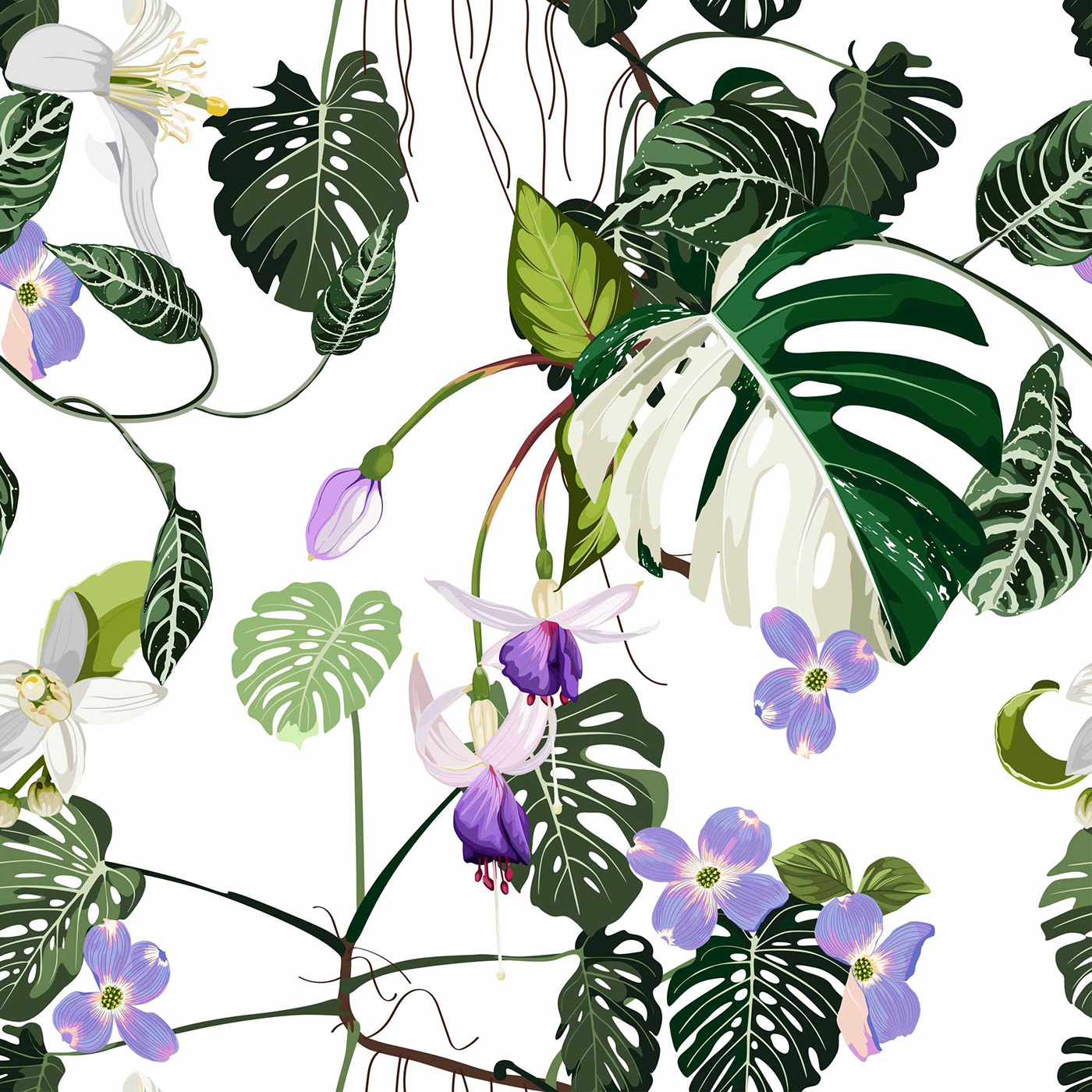 Tropical violet flowers and tropical leaves.
